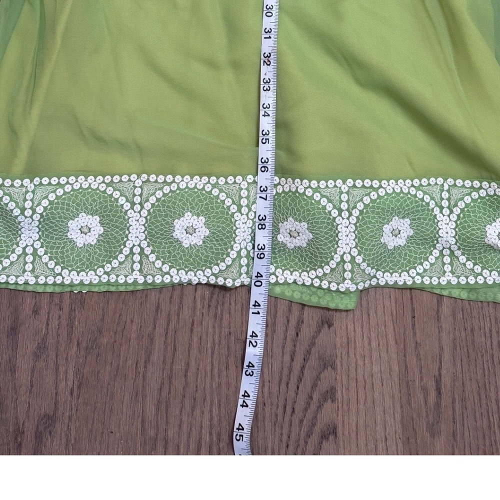 Vintage 1970s Lime Green Chiffon Dress Crochet Sequin Bodice Sheer Sleeve 70s - Picture 9 of 12